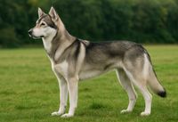 Ein wolfähnlicher Hund der Rasse Northern Inuit Dog steht seitlich zum Betrachter auf einer Wiese.JPG