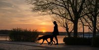 Eine Frau geht mit ihrem Hund bei Abendsonne am See spazieren.jpg