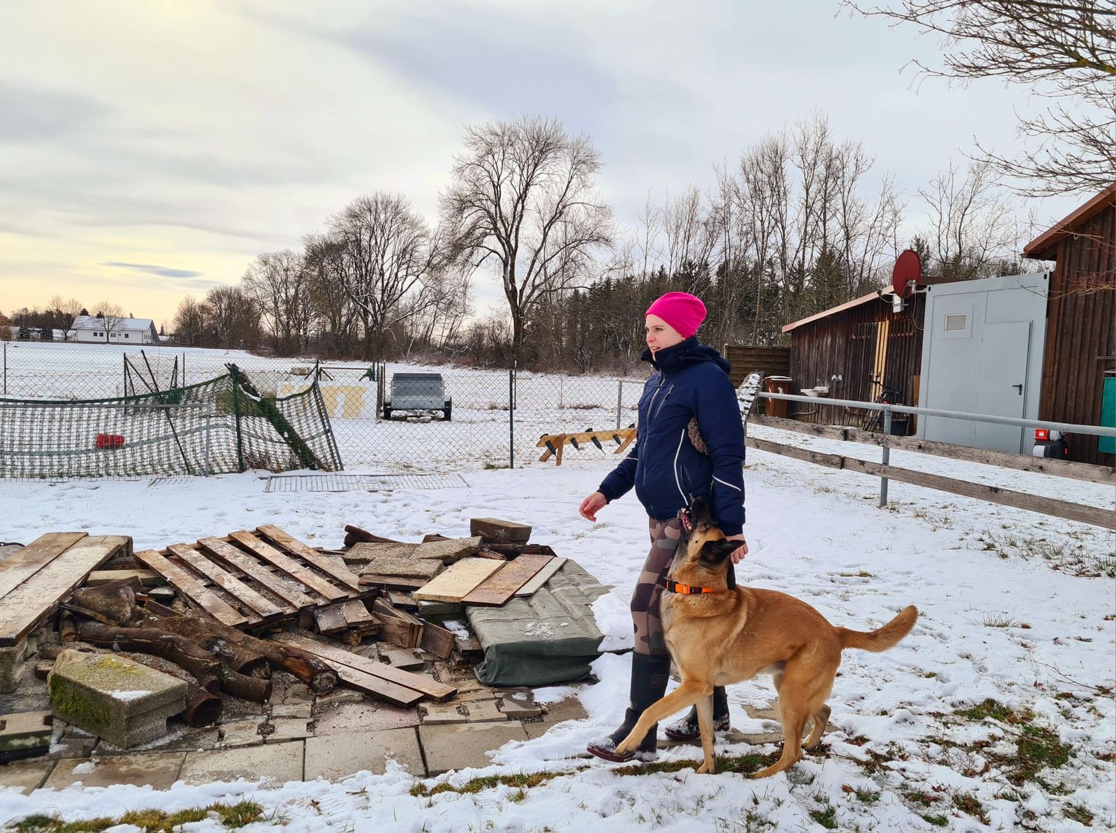 Brauner Malinois läuft Fuß neben Frau auf einem verschneiten Hundeplatz. Dort ist ein Trümmerfeld angelegt.