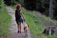 Frau mit Rock und roten Haaren geht im Wald mit ihrem Hund an der Leine spazieren.jpg