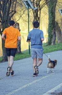 Zwei Maenner beim Joggen mit einem angeleinten Beagle.jpg