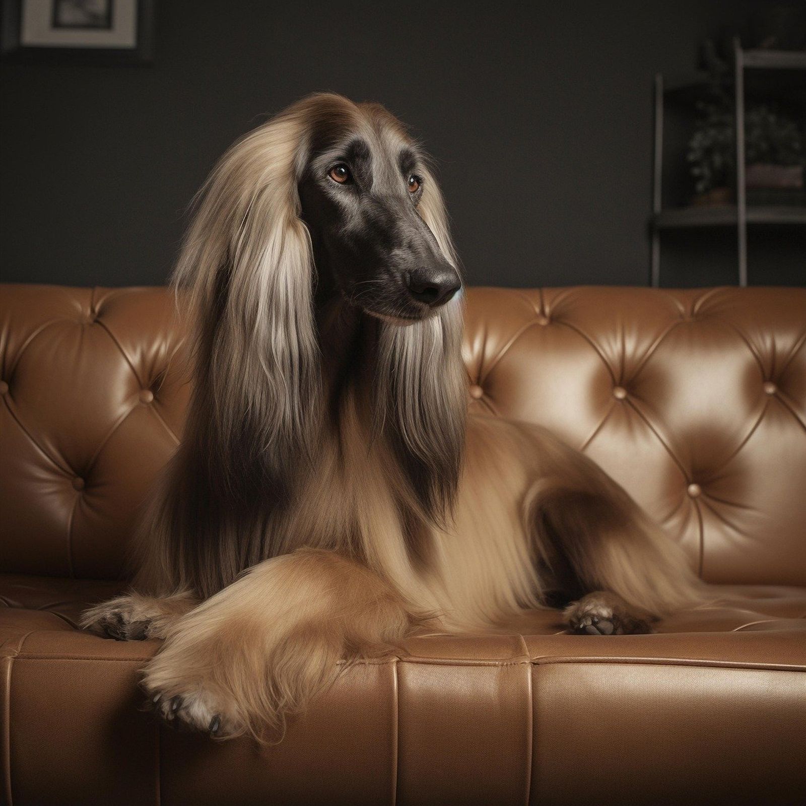 Ein edler dunkelbrauner Afghanischer Windhund mit langem gepflegten Haar sitzt auf einem braunen Sofa und schaut leicht nach rechts