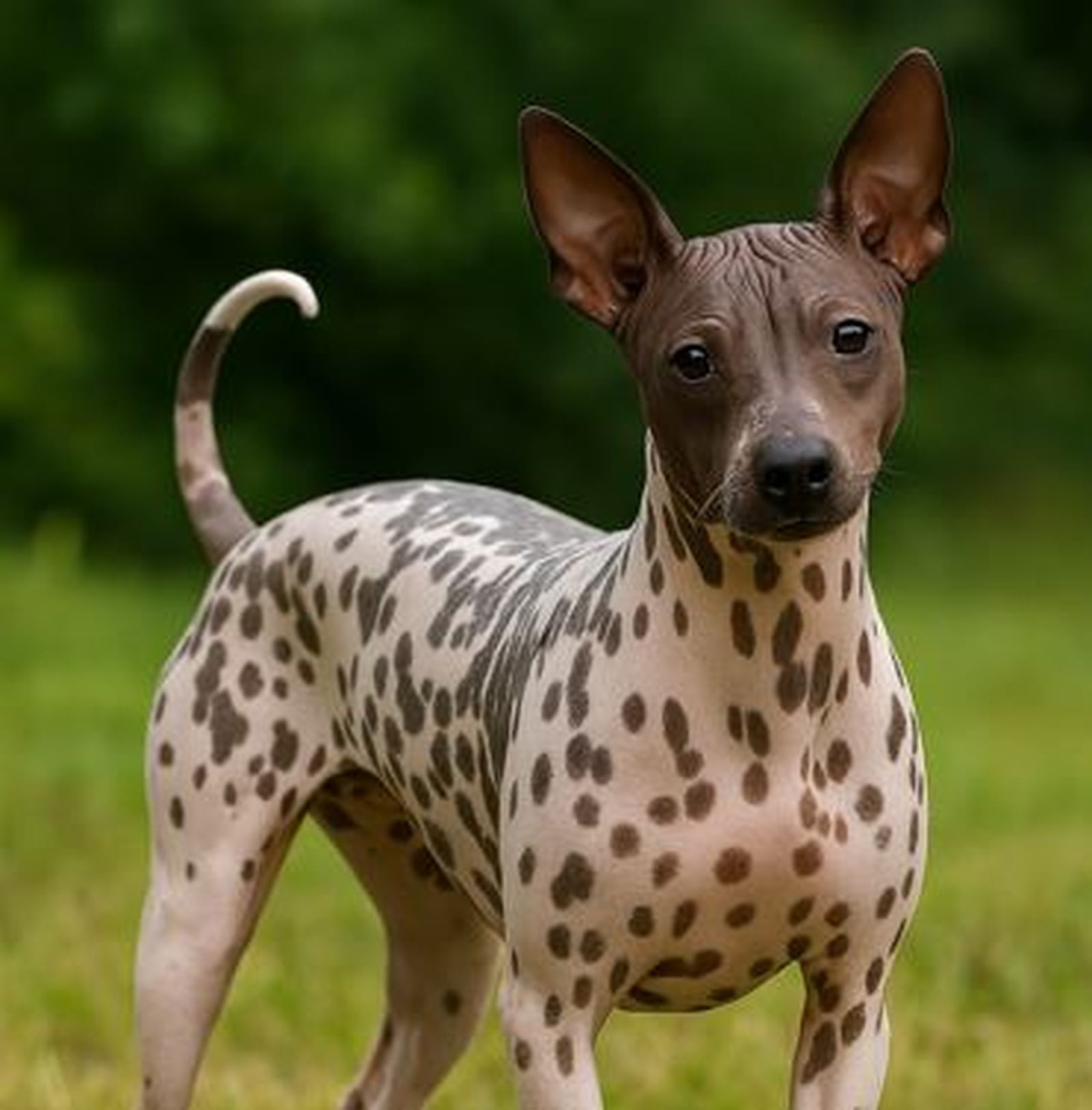 Ein braun-weißer Nackthund der Rasse American Hairless Terrier steht auf der Wiese und schaut den Betrachter an