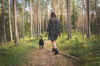 Eine junge Frau im Kleid fuehrt ihren Hund im Wald an der Leine aus.jpg